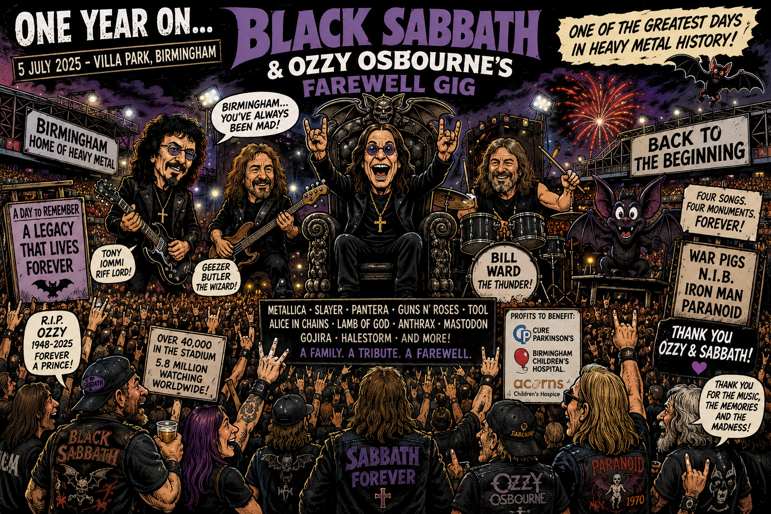 Cartoon-style poster for a Black Sabbath farewell gig: Ozzy on a throne with his band on stage, a huge cheering crowd, and tribute signs/banners at a stadium in Birmingham.