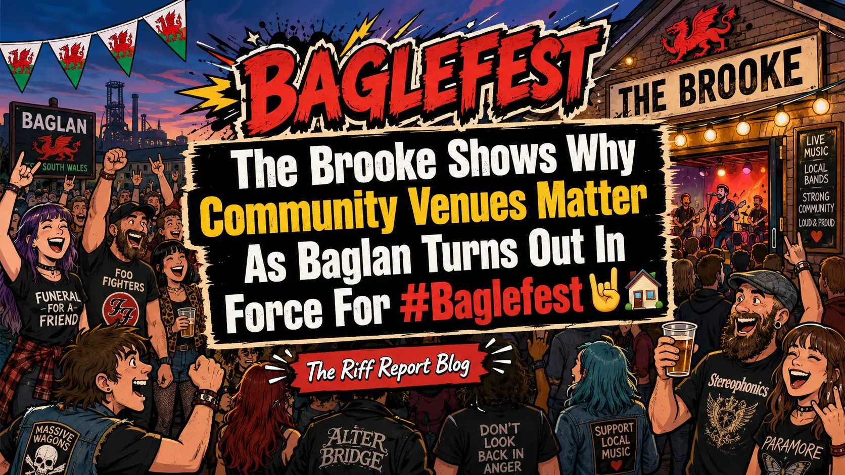 Comic-style festival poster for BagleFest with a cheering crowd, stage, and banners; bold headline reads 'The Brooke Shows Why Community Venues Matter' and '#Baglfest' with 'The Riff Report Blog' at bottom edge.