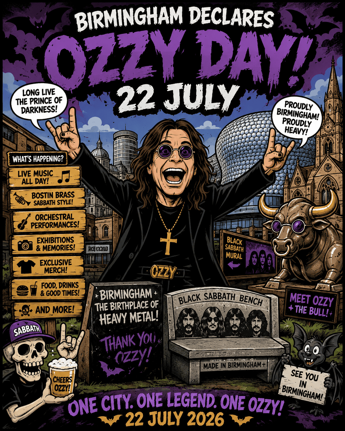 Birmingham Ozzy Day event poster with Ozzy Osbourne and heavy metal theme.