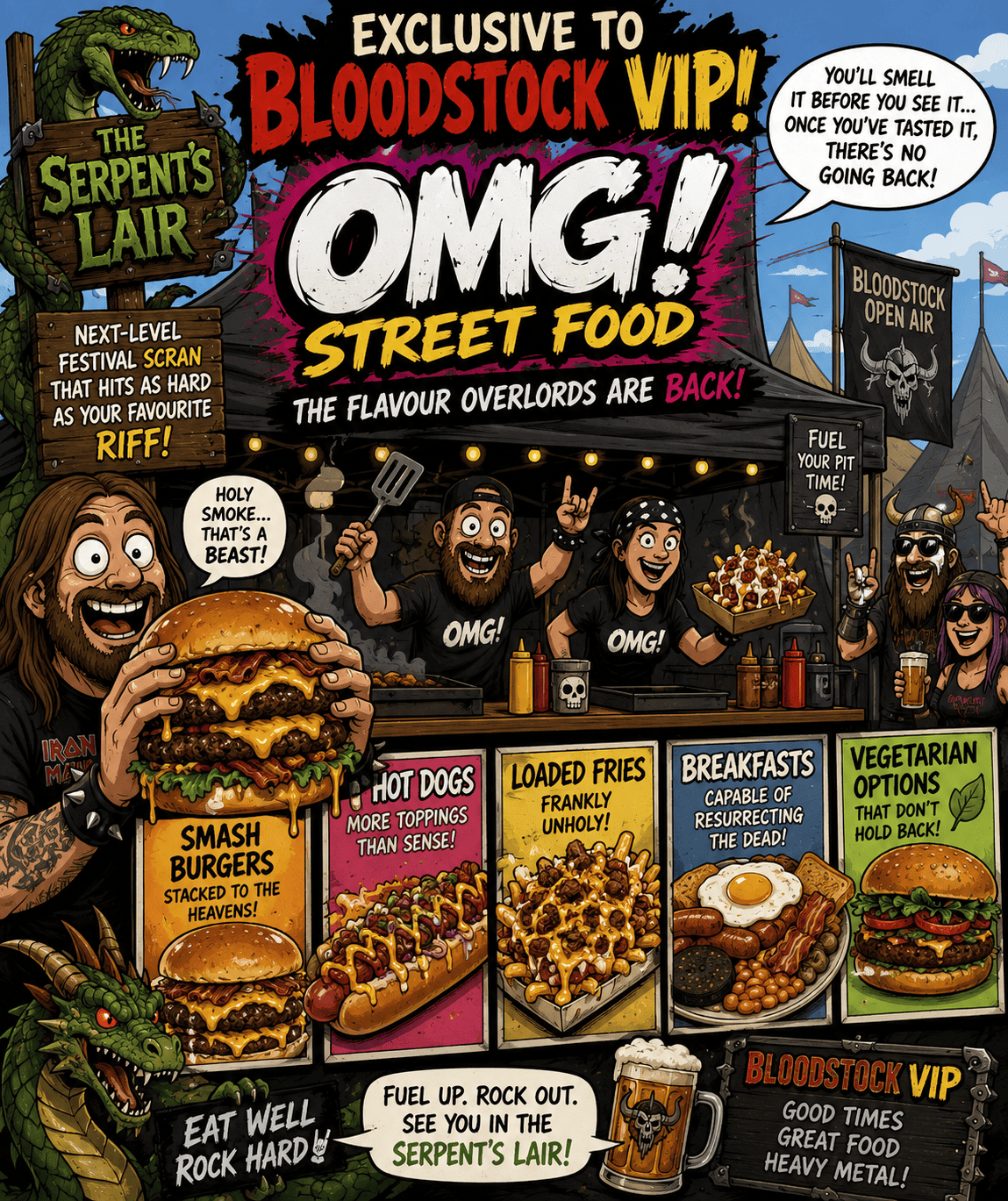 Street food at Bloodstock VIP with burgers, fries, breakfast, and vegetarian options.