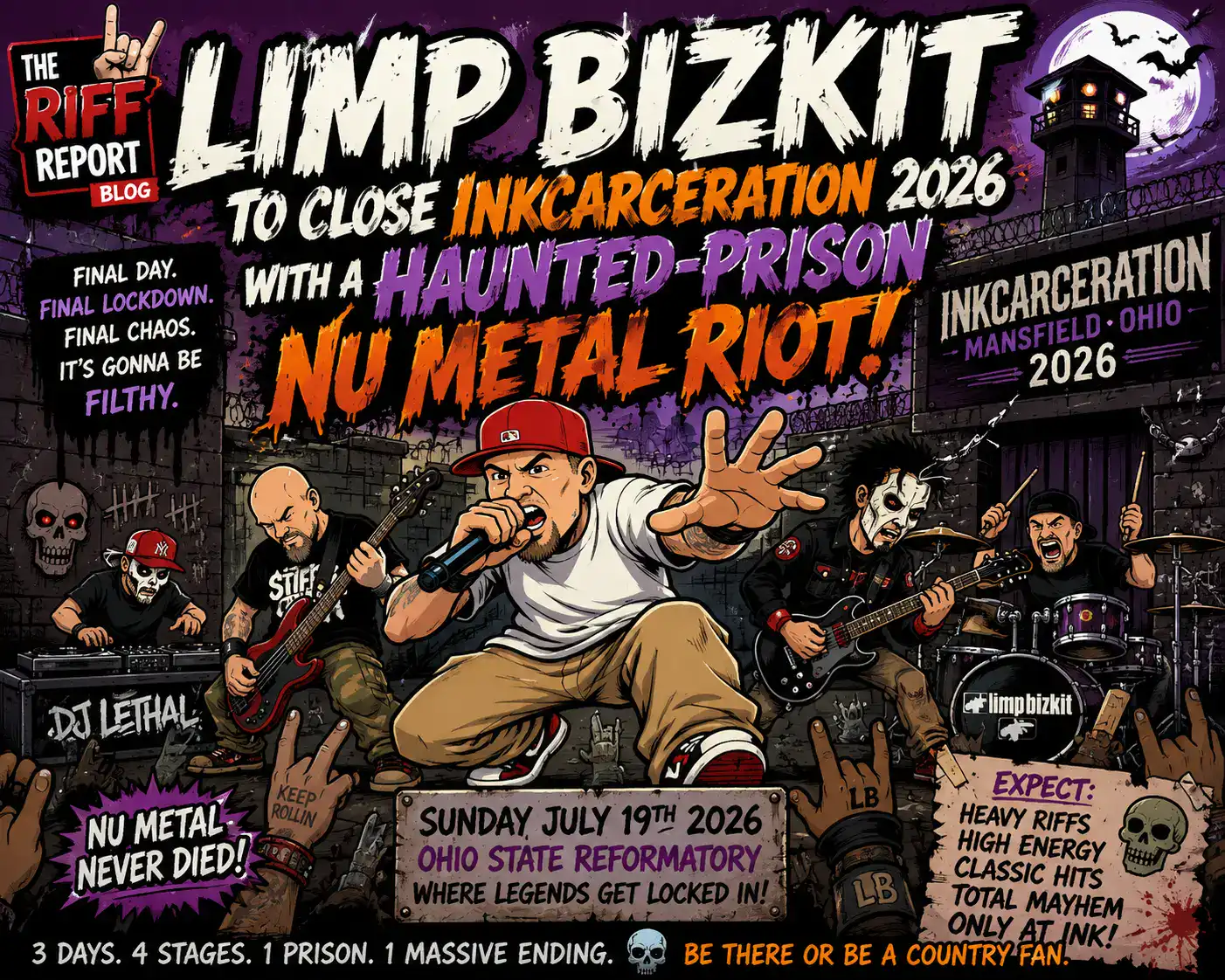 Promo poster for Inkcarceration 2026: Limp Bizkit headlines, haunted-prison theme, with event details (Ohio State Reformatory) and rock band lineup imagery.