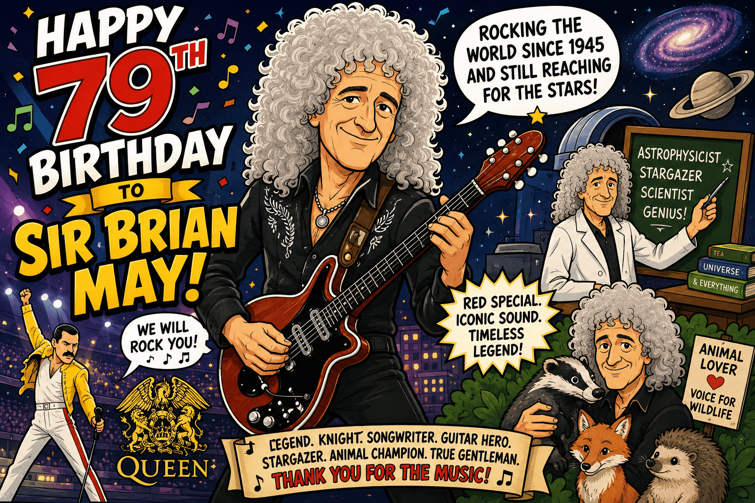 Colorful poster celebrating Brian May's 79th birthday; Brian May plays guitar against a space-themed backdrop.