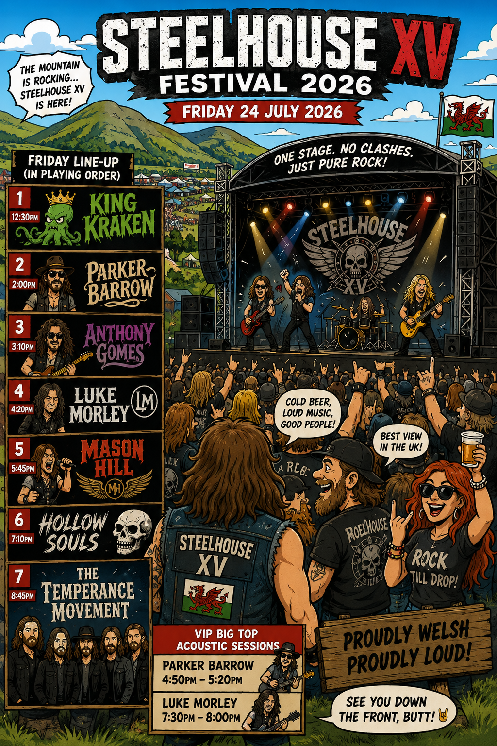 Colorful festival poster for Steelhouse XV Festival 2026 with a large stage, lineup board on the left, crowd in front, and a Welsh flag; date shown as Friday 24 July 2026.