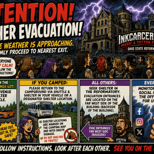 Weather evacuation alert for Ohio Reformatory with storm and lightning.