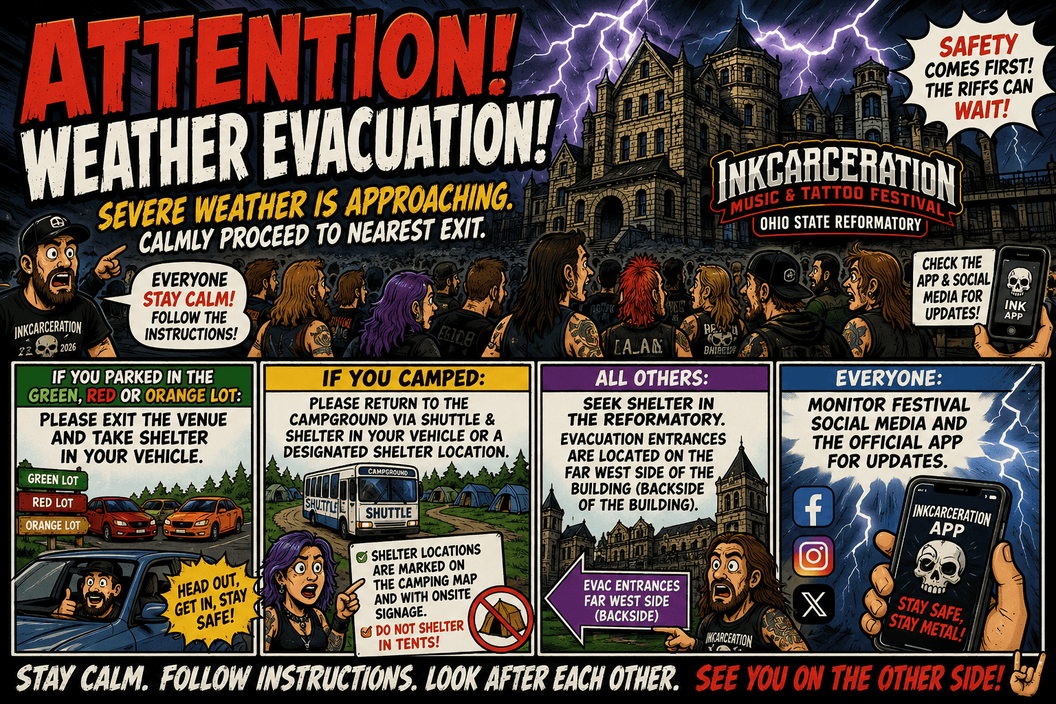 Weather evacuation alert for Ohio Reformatory with storm and lightning.