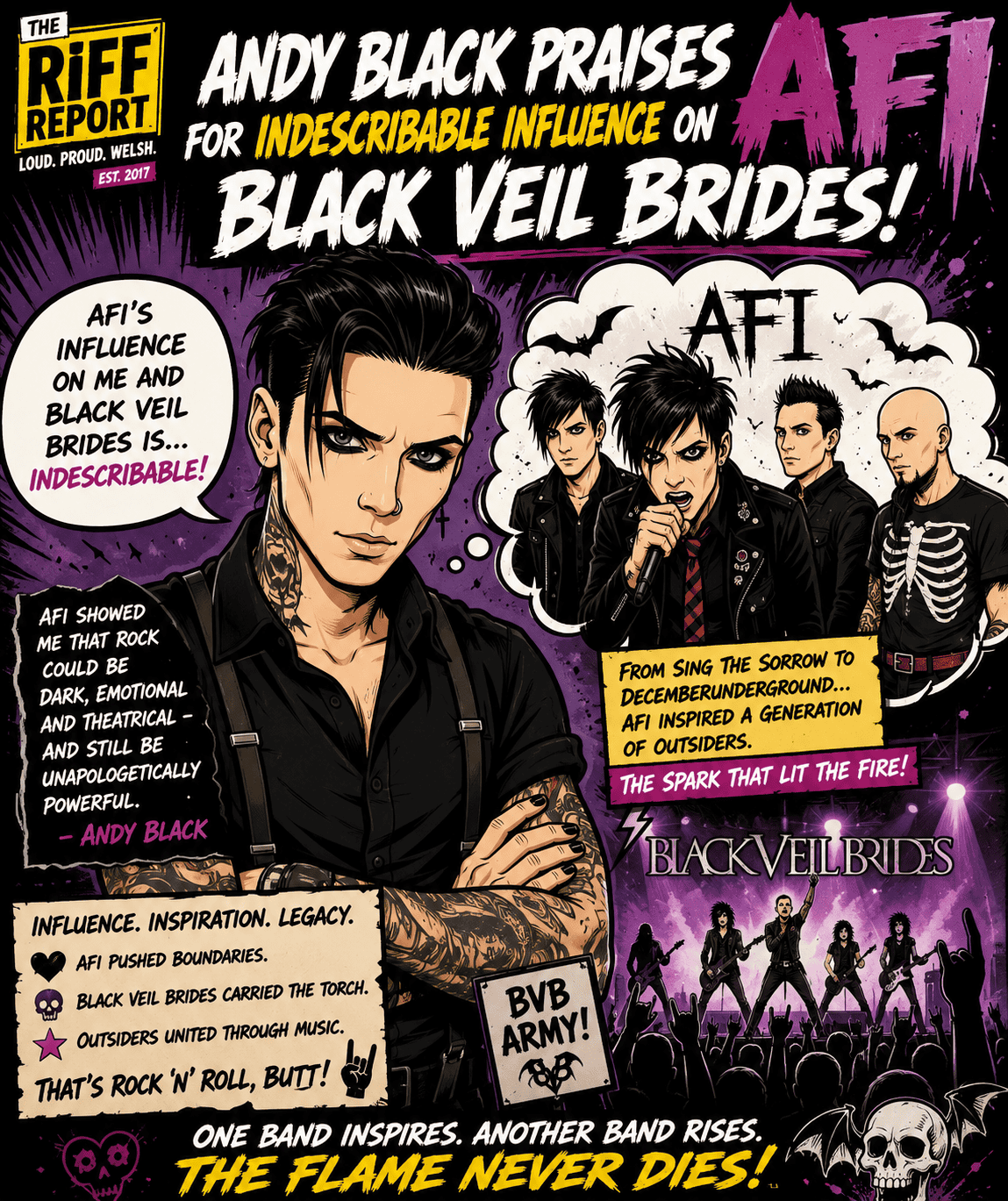 Andy Black praises Black Veil Brides in a rock concert scene.