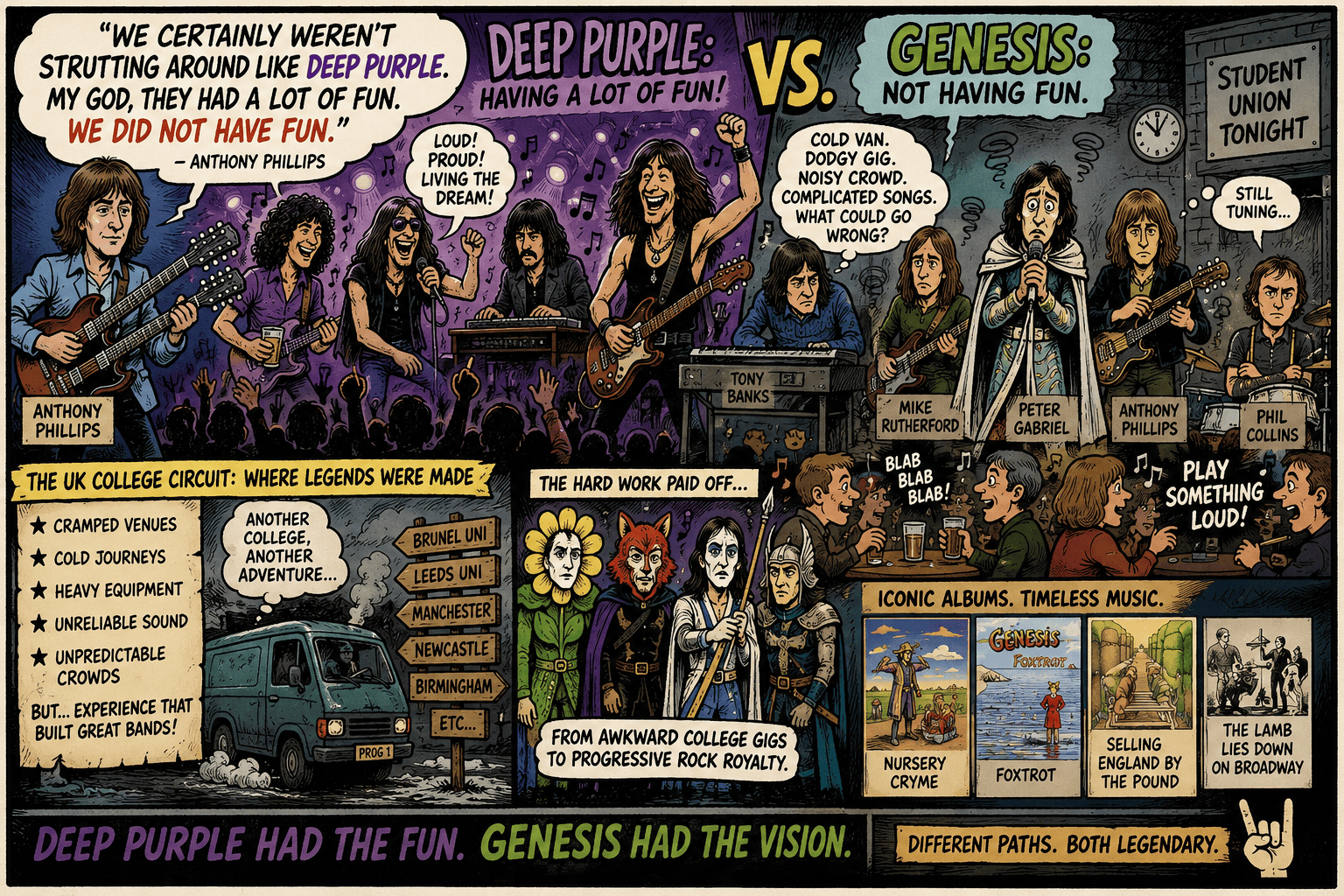 Comic collage showing Deep Purple vs Genesis on the UK college circuit, with band members, cheering crowds, and captions about their journeys and legends.