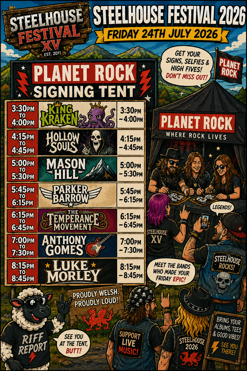 Colorful Steelhouse Festival 2026 poster featuring a large schedule board labeled with band names and times, a 'Planet Rock' tent, and illustrated festival crowd.
