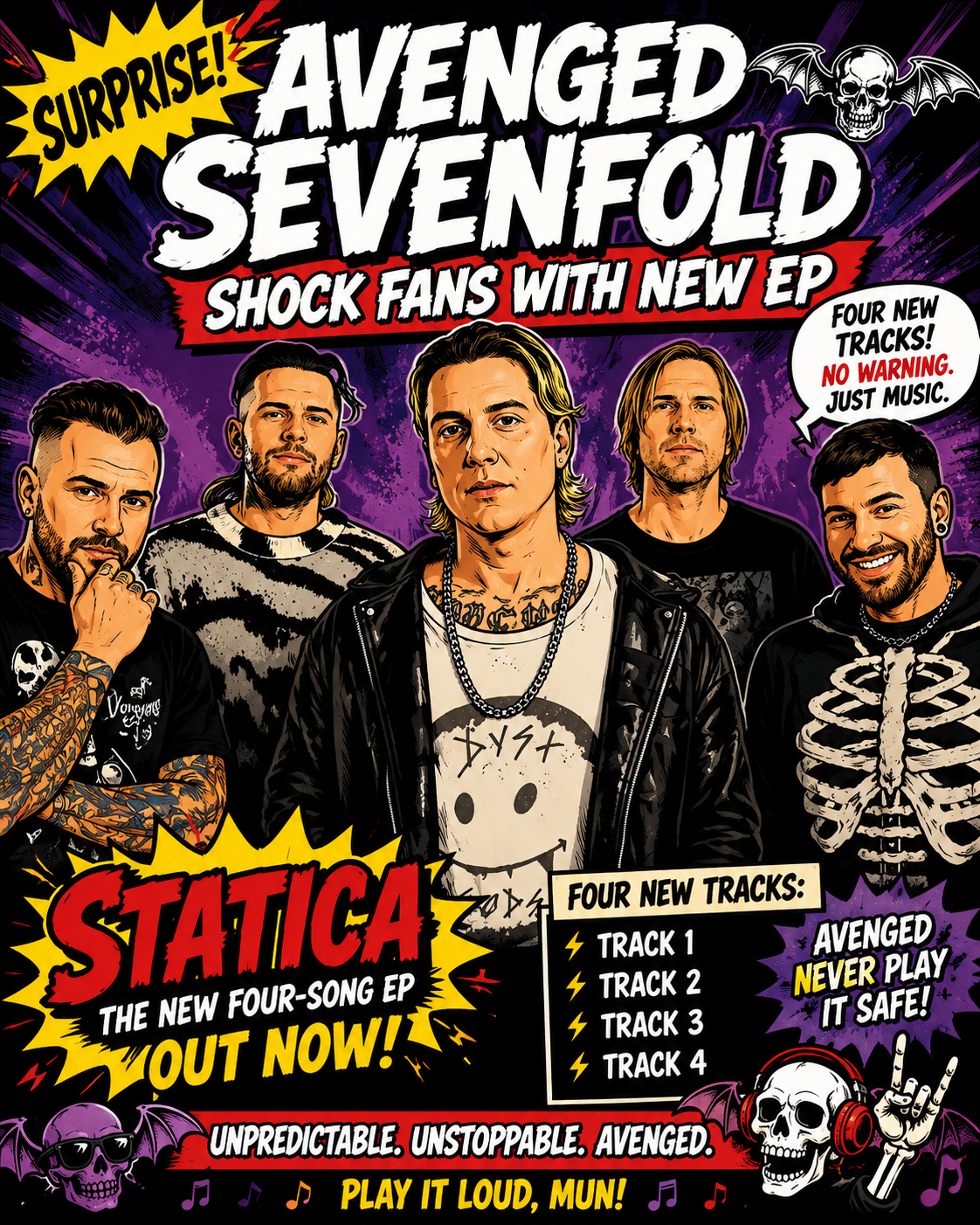 Colorful comic poster for Avenged Sevenfold's new EP, showing the band members and bold 'Four new tracks' banner.