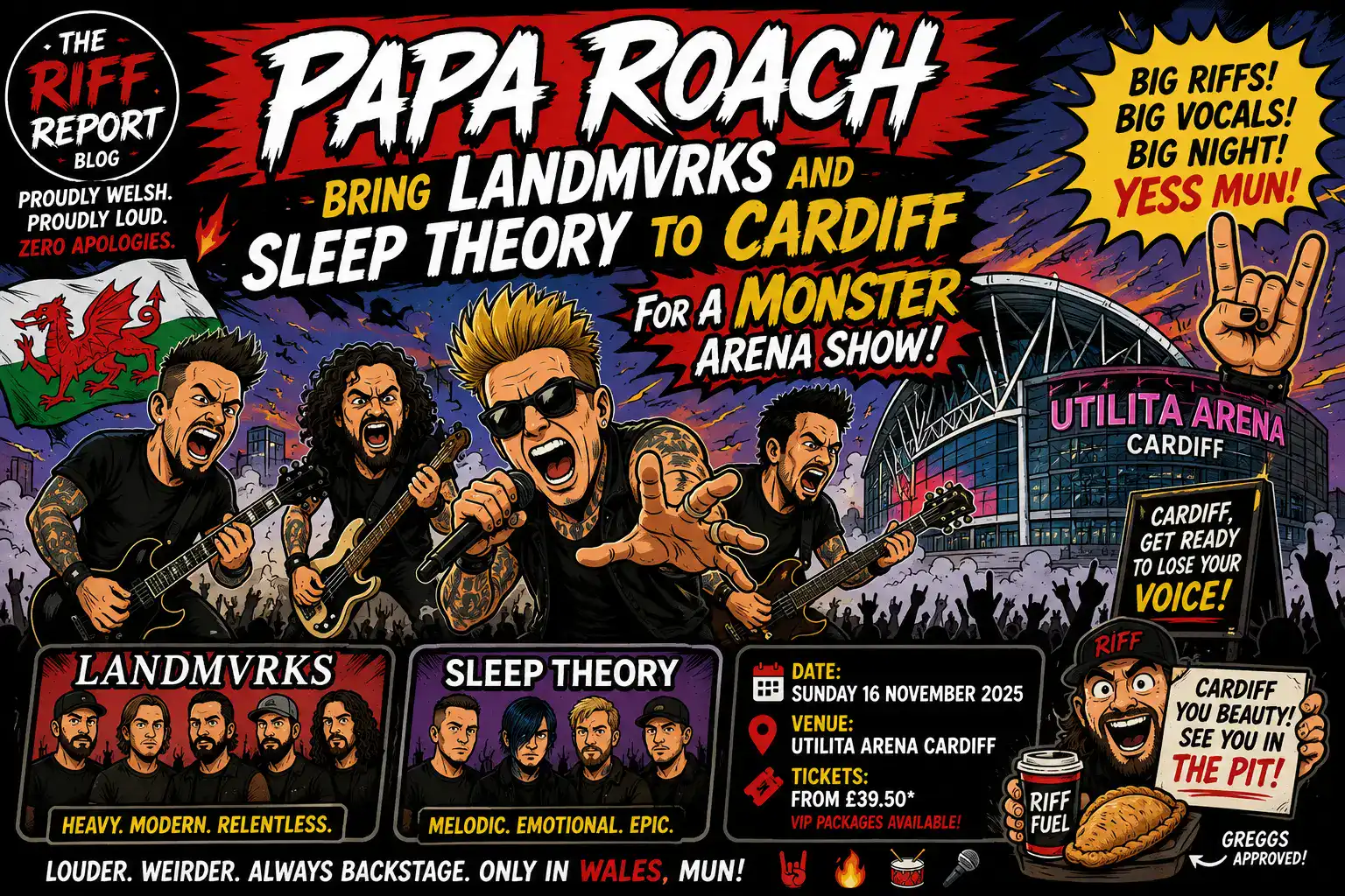 Colorful concert poster announcing Papa Roach show in Cardiff at Utilita Arena with bands Landmvrks and Sleep Theory, date and ticket info.