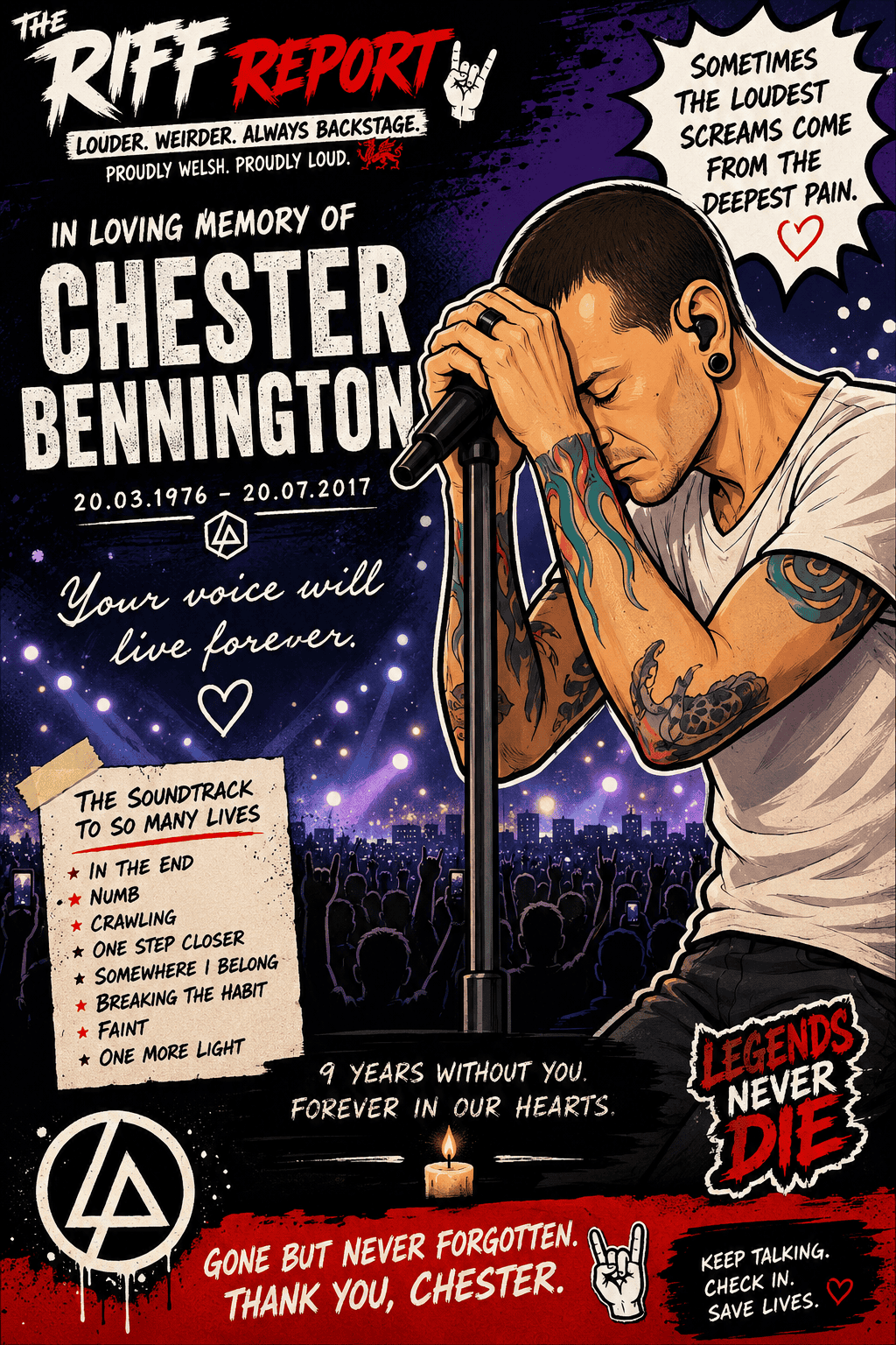 Illustrated memorial poster of a tattooed male singer at a microphone on stage, with a cheering crowd and tribute text surrounding him.