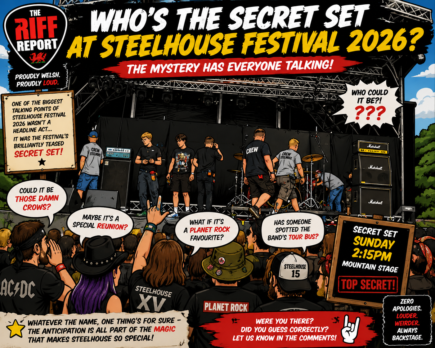 Comic-style crowd at a rock festival watching a stage with a large banner reading 'Who's the Secret Set at Steelhouse Festival 2026?' and speech bubbles, plus a 'TOP SECRET' board.