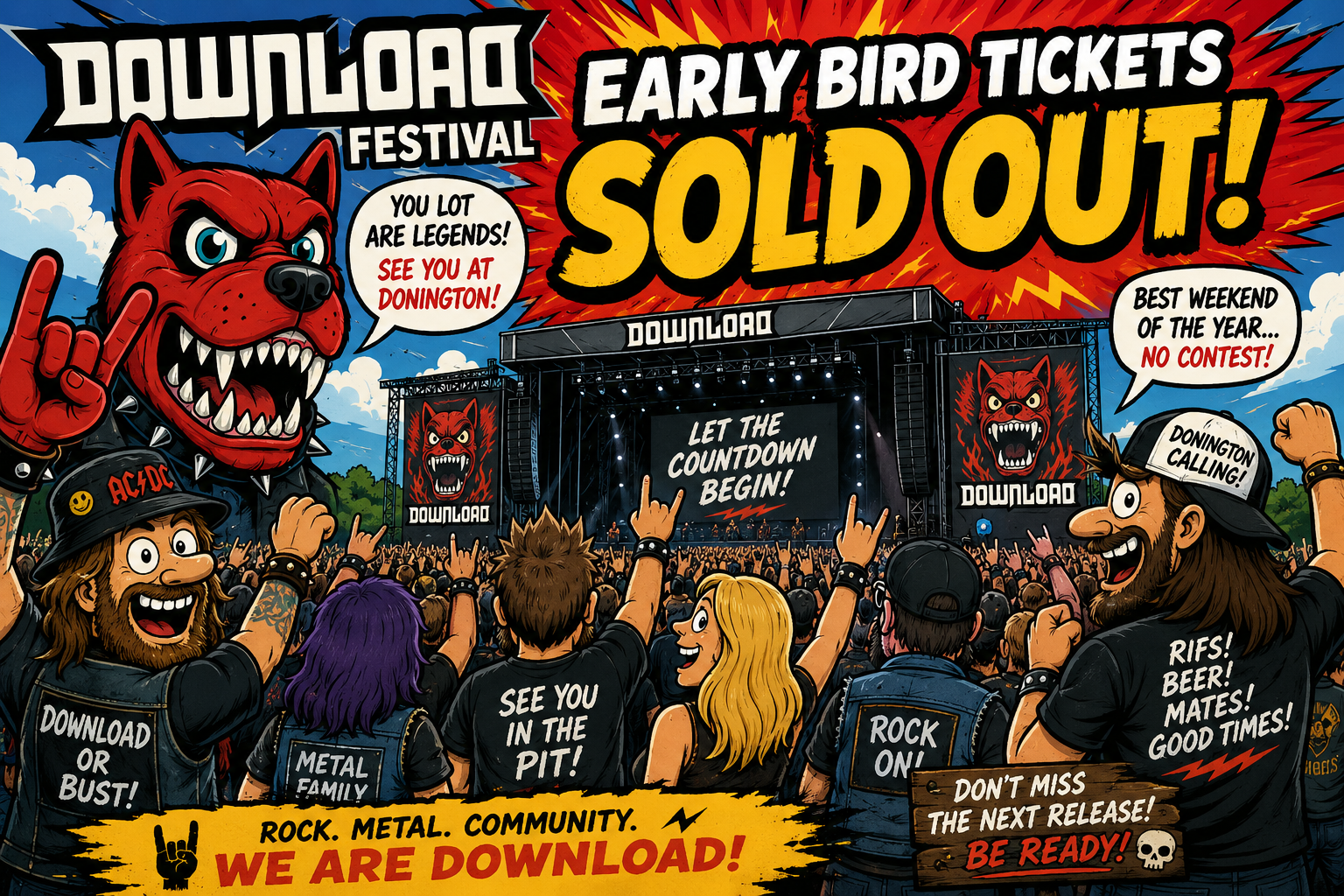 Crowd at a large Download Festival concert with a sold-out banner and a big stage show in the background, bold graphics everywhere.