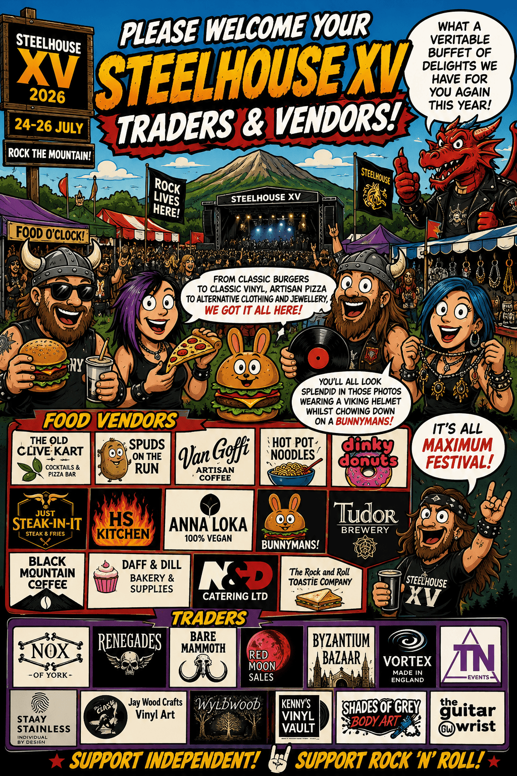 Colorful festival poster for Steelhouse XV Traders & Vendors with a stage, food stalls, and cartoon characters advertising the event dates.