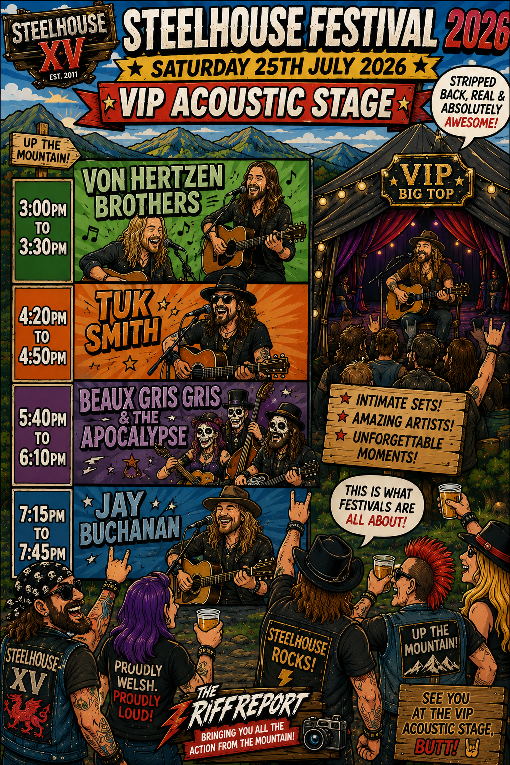 Promotional poster for Steelhouse Festival 2026 with the VIP Acoustic Stage lineup and a cheering festival crowd outdoors at a mountain venue.