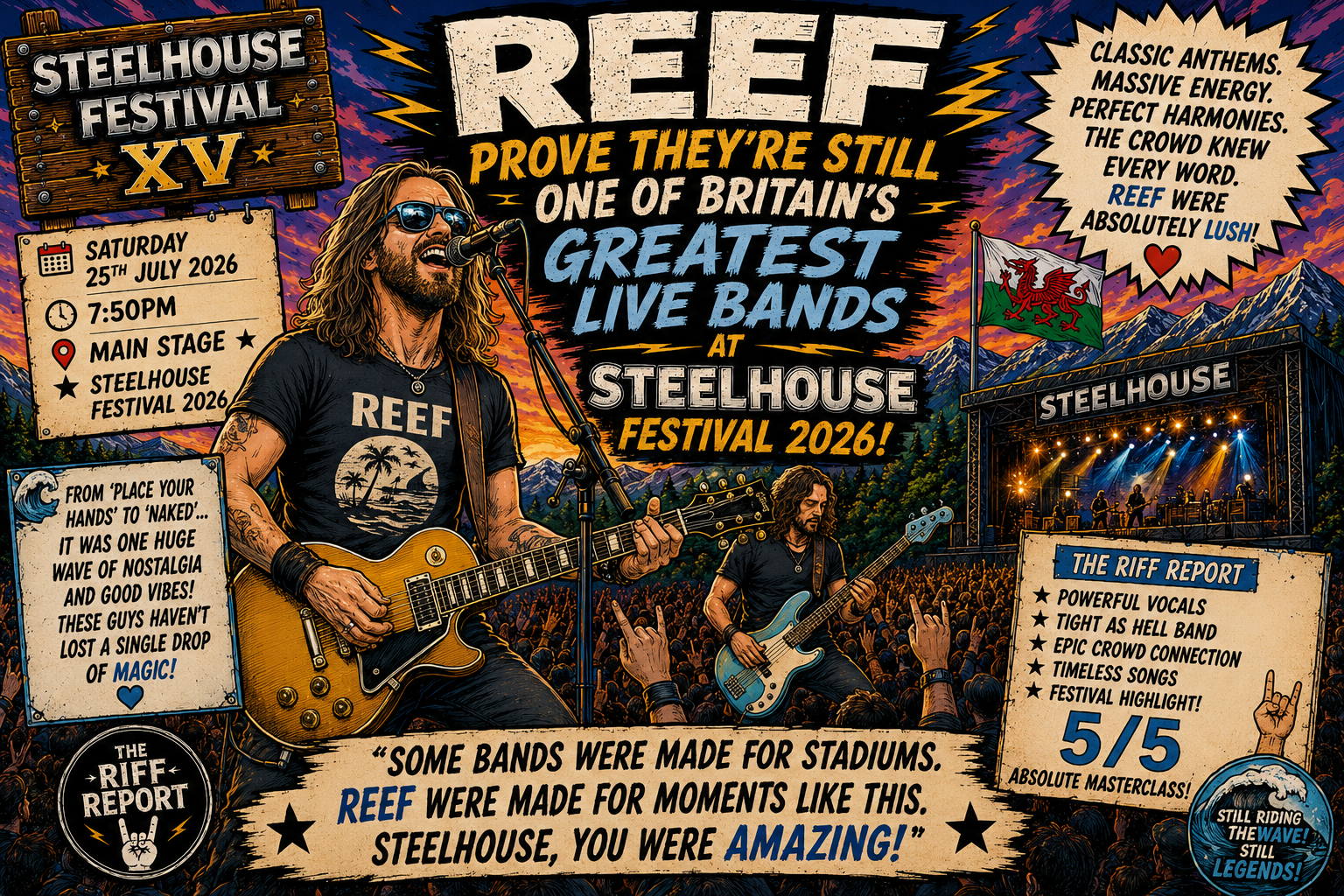 Colorful illustrated concert poster with a guitarist on stage at sunset, announcing Reef at Steelhouse Festival 2026 with a cheering crowd behind him.