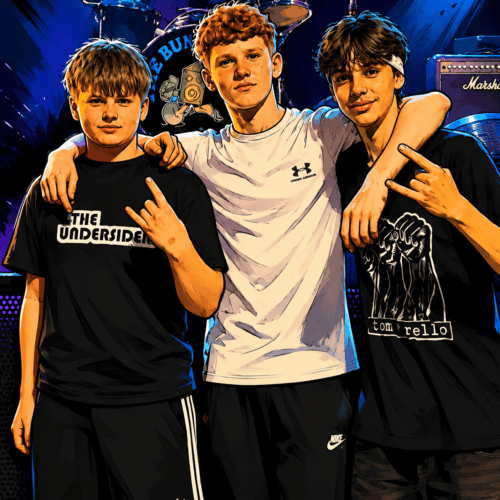 Three young friends posing on a concert stage with drums and amplifiers behind them, arms around each other and making hand signs.