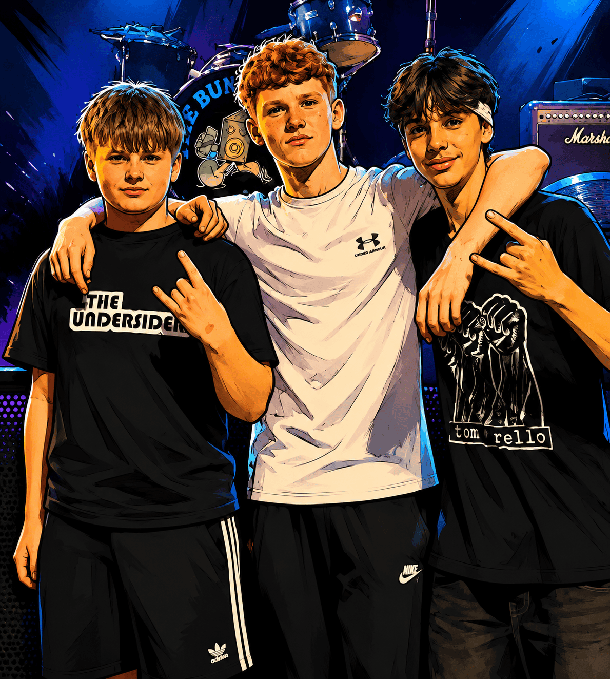 Three young friends posing on a concert stage with drums and amplifiers behind them, arms around each other and making hand signs.