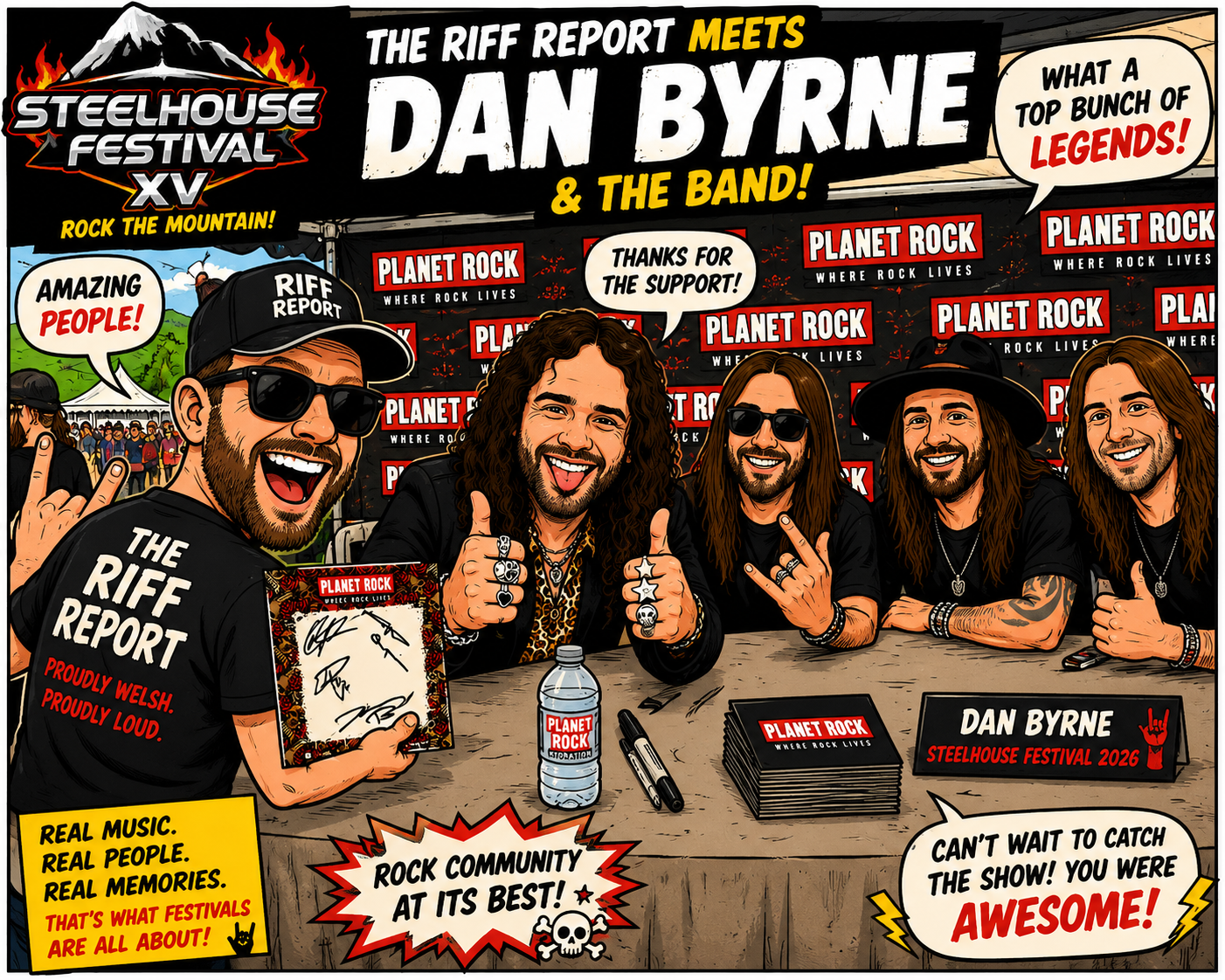 Caricature illustration of Dan Byrne and the Riff Report band posing at a festival signing table with Planet Rock signage in the background.