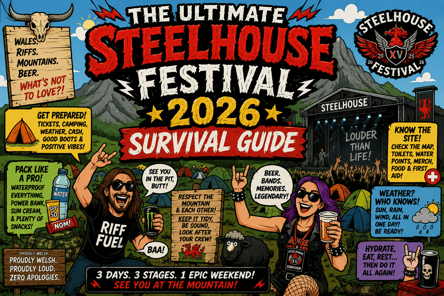 Colorful poster for Steelhouse Festival 2026 with band illustrations and event details.