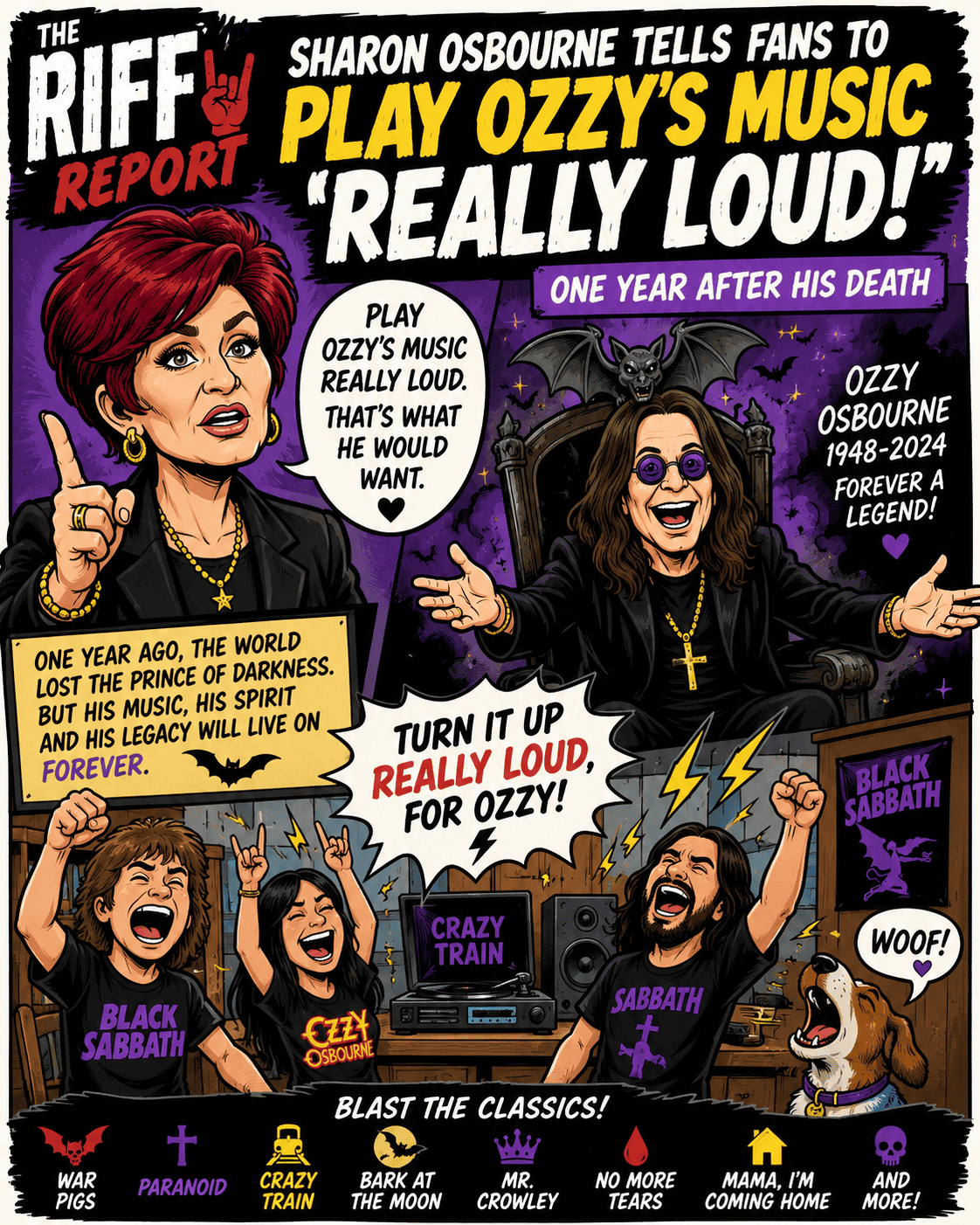 Comic-book cover: Sharon Osbourne urges fans to play Ozzyโs music loudly; features caricatures of Sharon and Ozzy with a purple, bat-themed background.
