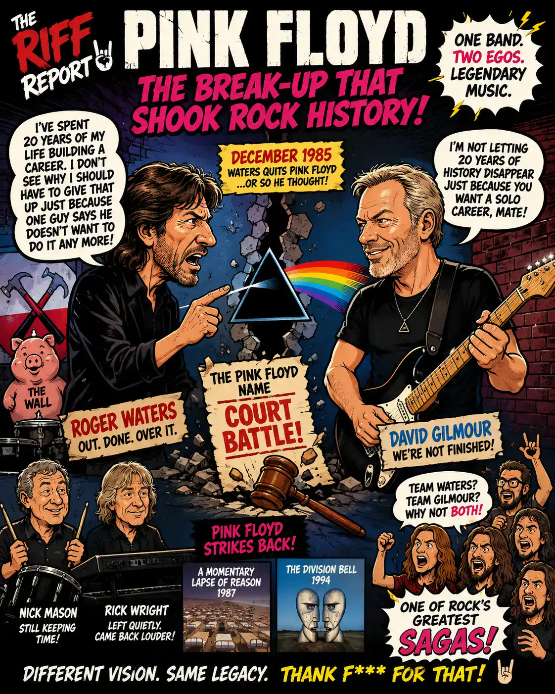 Illustration of Pink Floyd members with band history highlights and quotes.