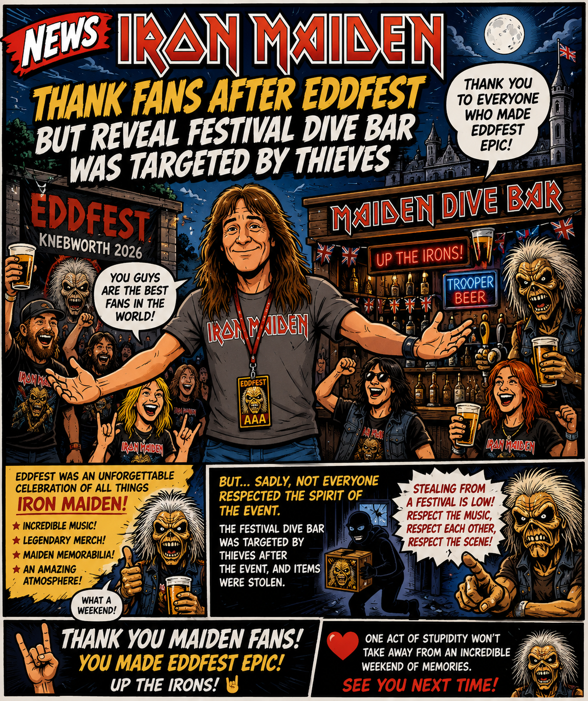 Comic-book poster announcing Eddfest 2026 with Iron Maiden fans gathered at a festival dive bar, central fan in Iron Maiden shirt cheers on the crowd.