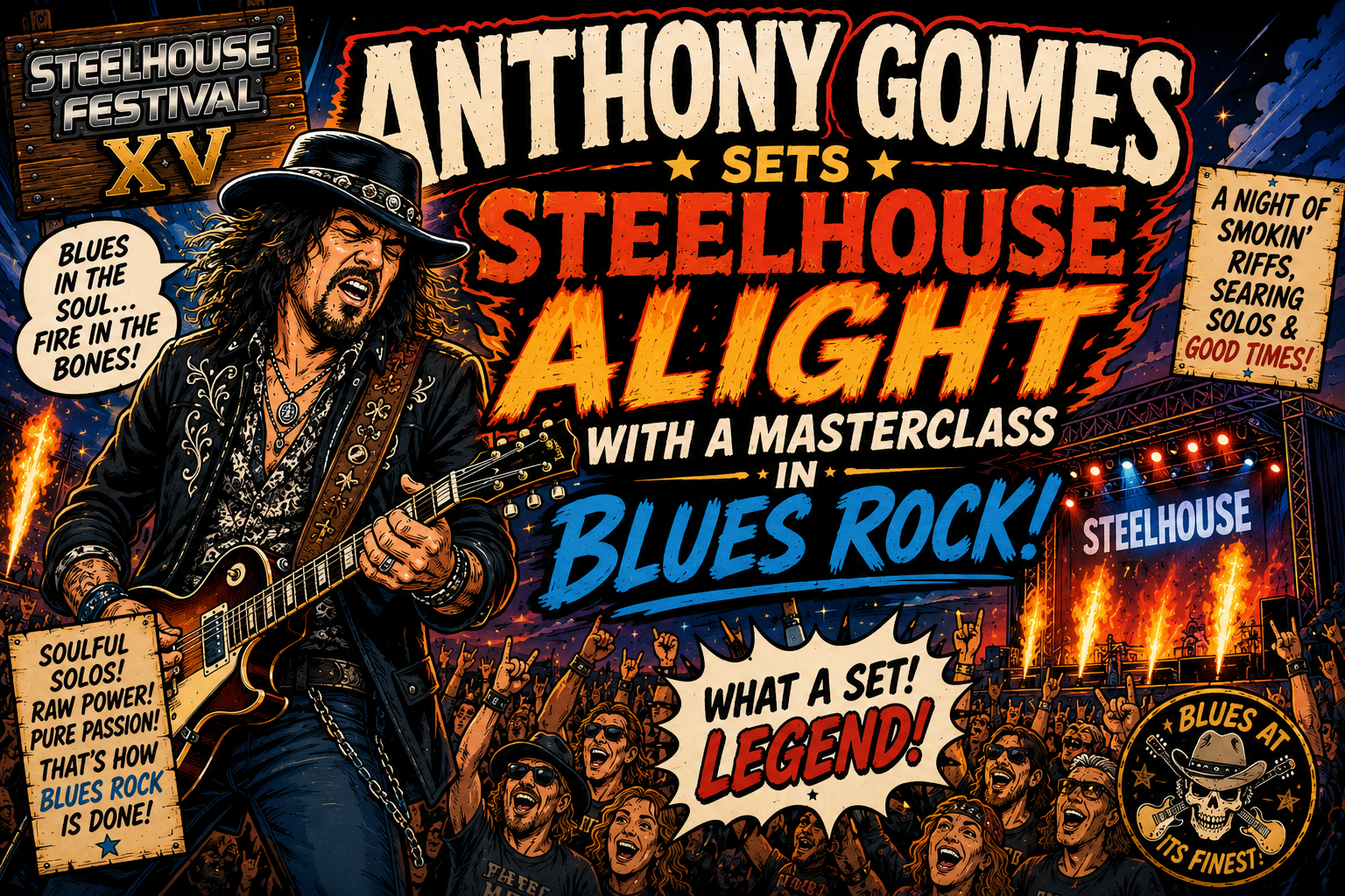 Illustrated concert poster of guitarist Anthony Gomes on stage at SteelHouse Festival, with flames, a roaring crowd, and bold text announcing 'ANTHONY GOMES SETS STEELHOUSE ALIGHT' and 'BLUES ROCK'.