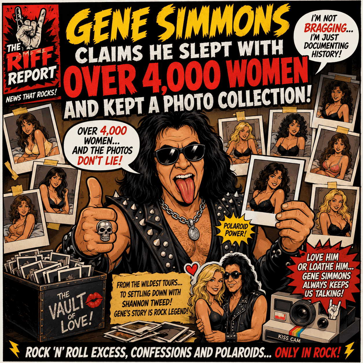 Comic-book style cover with Gene Simmons sticking out his tongue, wearing sunglasses and a spiked leather vest, giving a thumbs-up amid many Polaroid photos; bold headline proclaims he slept with over 4,000 women and kept a photo collection.