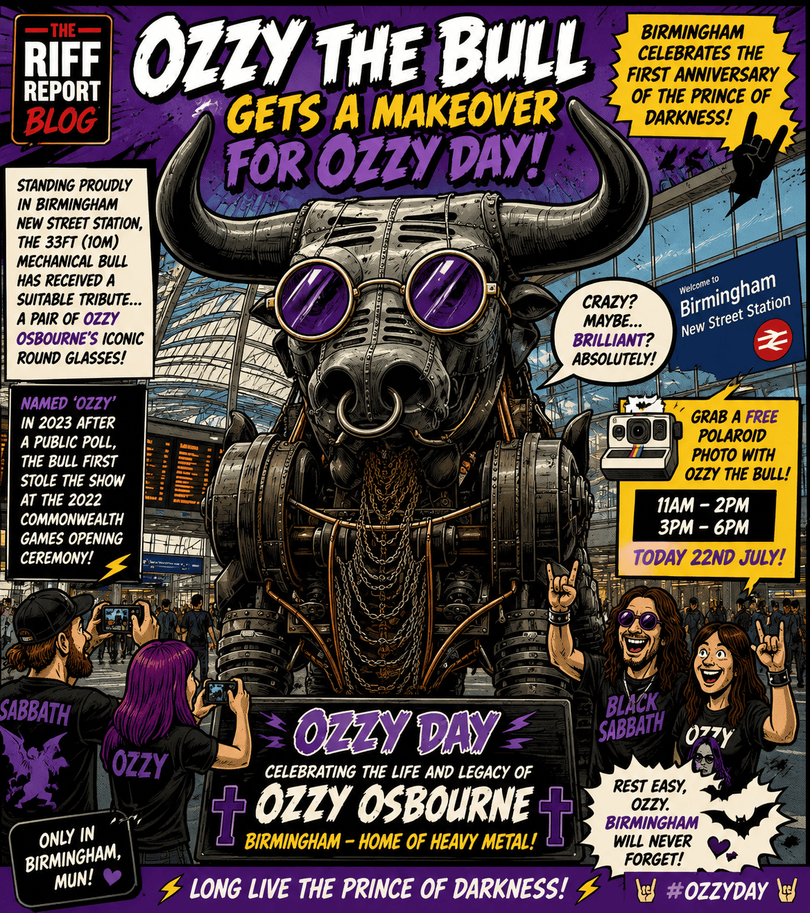 Comic poster featuring a giant steampunk bull with purple goggles at Birmingham New Street Station, promoting Ozzy Day tribute to Ozzy Osbourne.