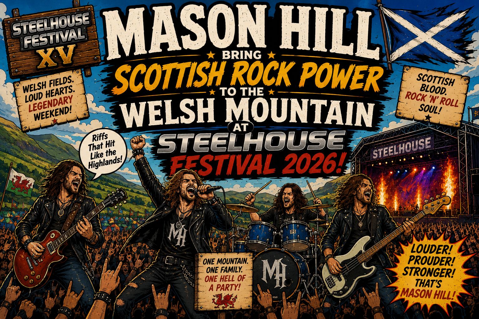 Festival poster for Mason Hill at Steelhouse Festival 2026: four rock musicians on a crowded outdoor stage with bold typography and a Welsh landscape backdrop.