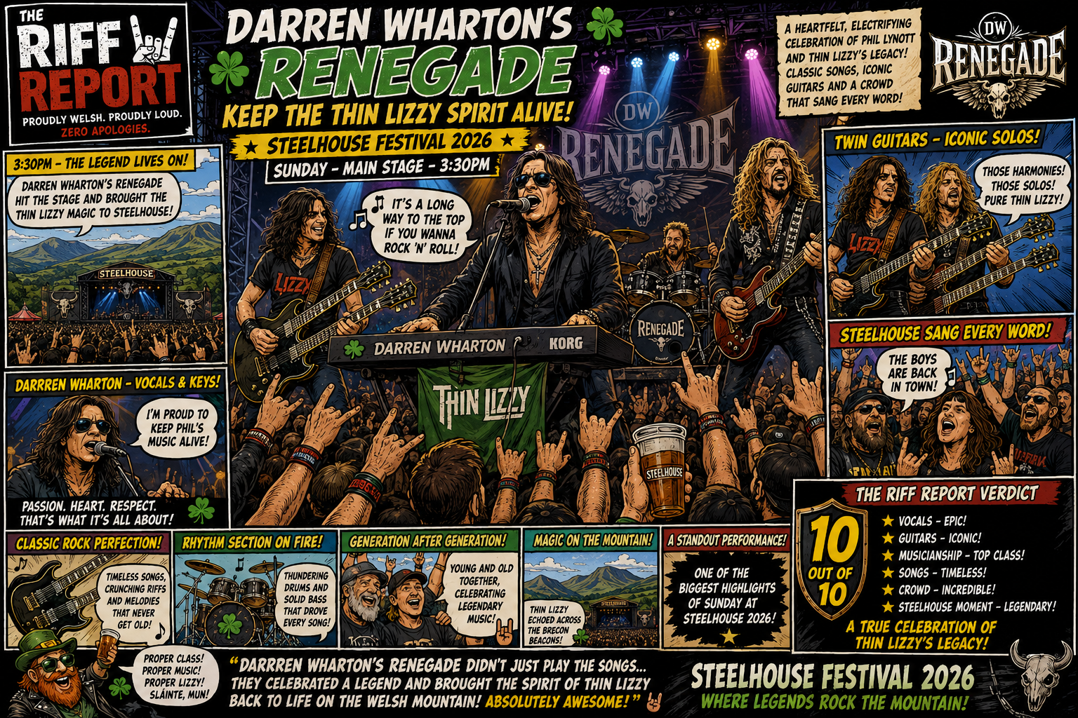Comic-book style festival poster for Darren Wharton's Renegade at Steelhouse Festival 2026, band on stage before a cheering crowd.