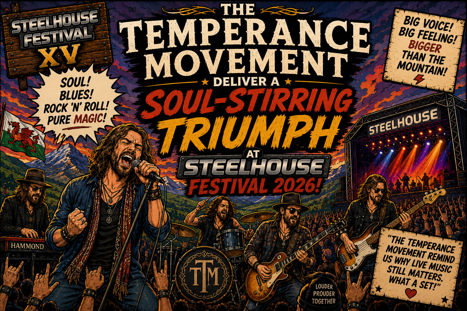 Illustrated festival poster announcing The Temperance Movement live at Steelhouse Festival 2026, with a roaring singer and a packed crowd in front of a colorful stage backdrop.