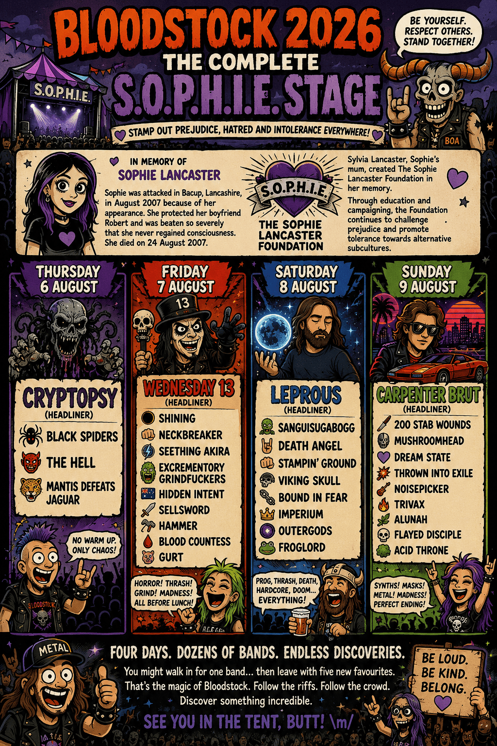 Colorful Bloodstock 2026 festival poster announcing the event with day-by-day band cards and a cartoon crowd motif.