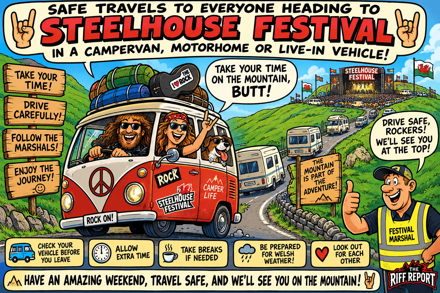 Colorful cartoon poster promoting Steelhouse Festival: a couple in a VW camper van loaded with gear traveling toward a hilltop festival site.
