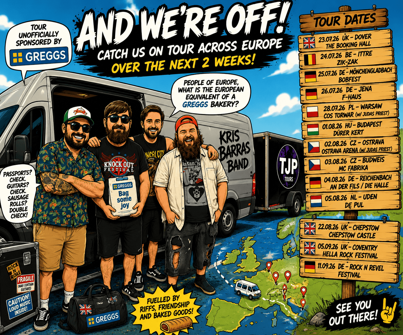 Comic-style tour poster: four musicians in front of a van, with 'AND WE'RE OFF!' and a right-side wooden sign listing European tour dates across continents.