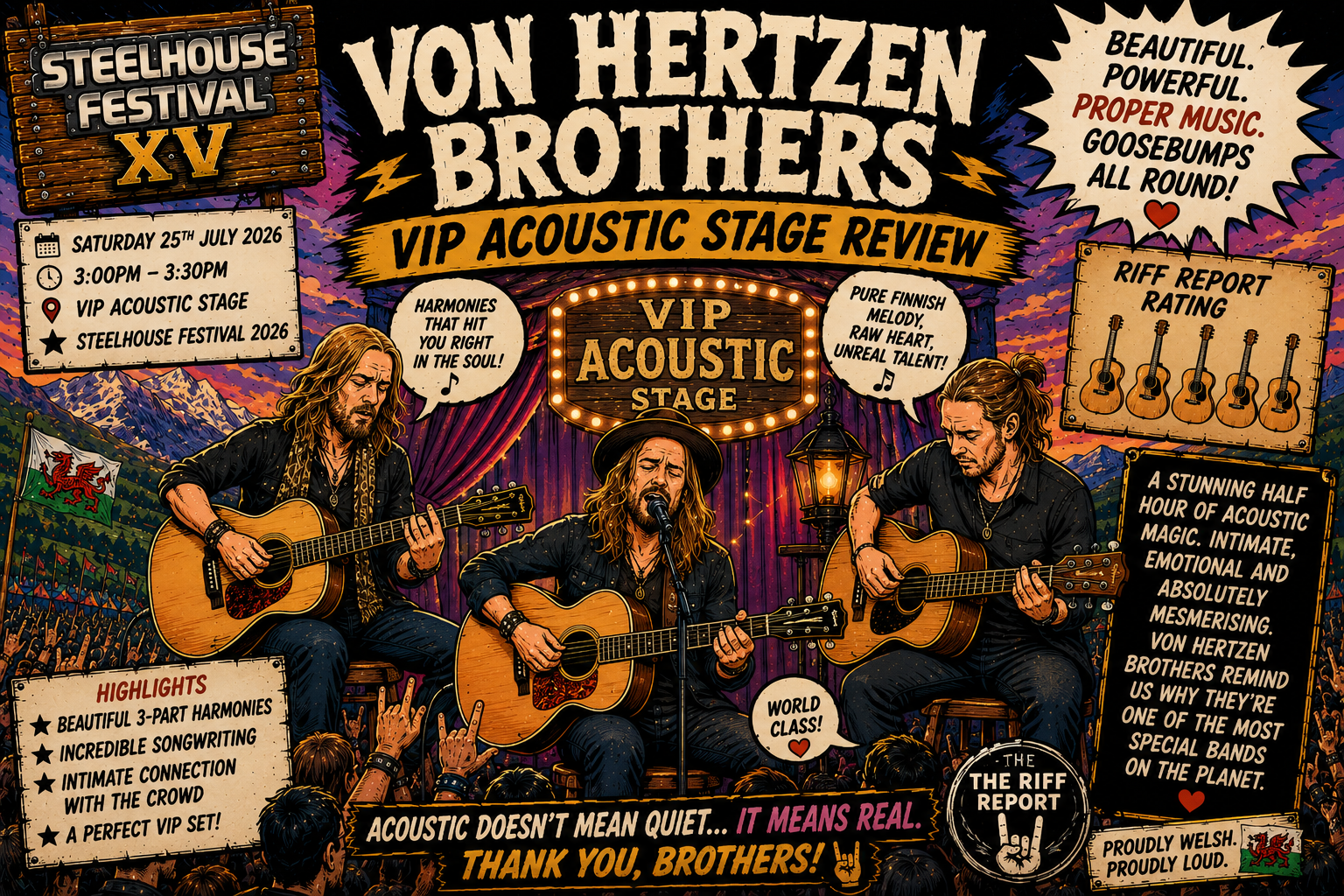 Colorful festival poster for Steelhouse Festival XV featuring the Von Hertzen Brothers on the VIP Acoustic Stage, three guitarists performing on stage.