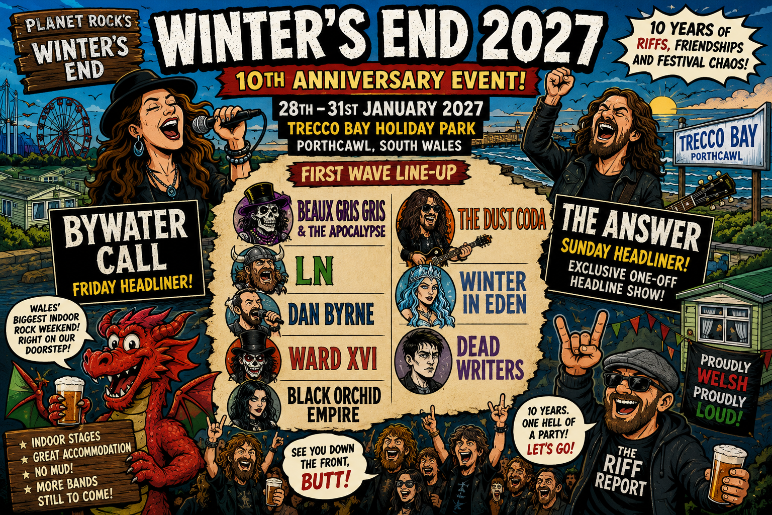 F595d145-e9d0-460d-ad64-6d8b8e5dc0eb - the Riff Report Blog Colorful festival poster for Winter's End 2027 at Trecco Bay, 28–31 January, with bands and cheering crowd in a comic-style layout.
