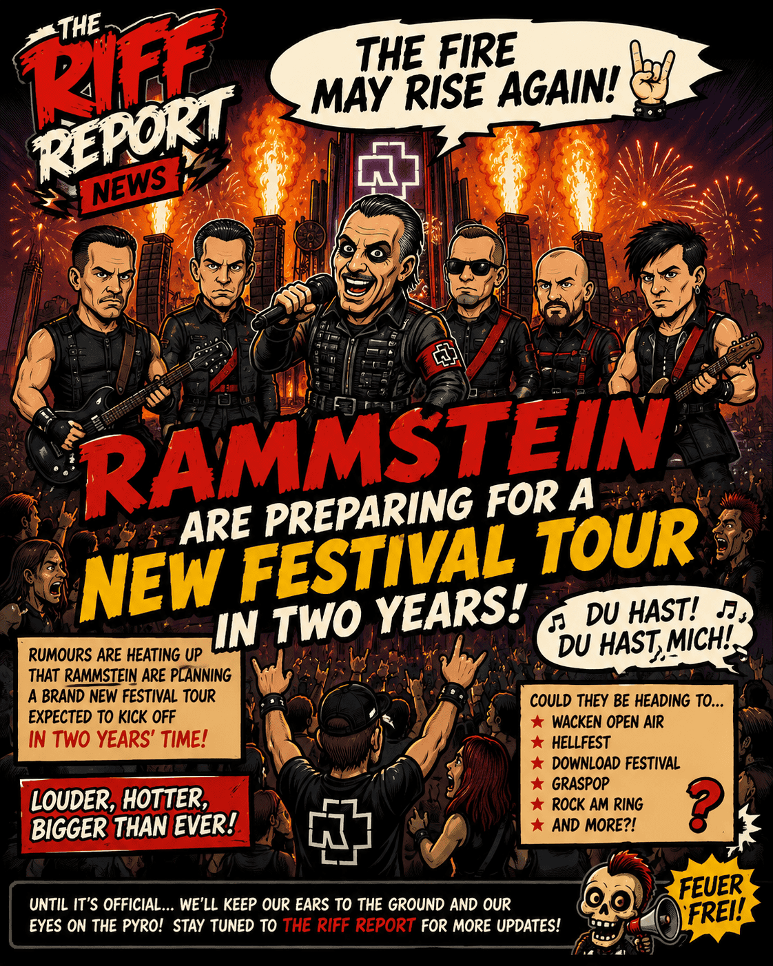 Cartoon poster showing a fiveโmember band performing on a fiery stage, headline reads 'RAMMSTEIN ARE PREPARING FOR A NEW FESTIVAL TOUR IN TWO YEARS!' with a cheering crowd in the foreground.