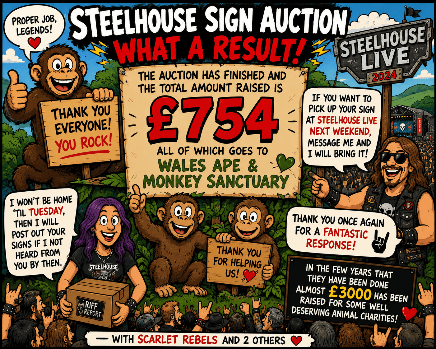Colourful cartoon illustration of Steelhouse sign auction with monkeys and supporters.