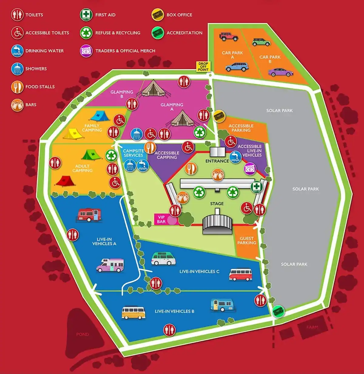 Festival site map showing camping, parking, stages, and amenities at The Riff Report event.