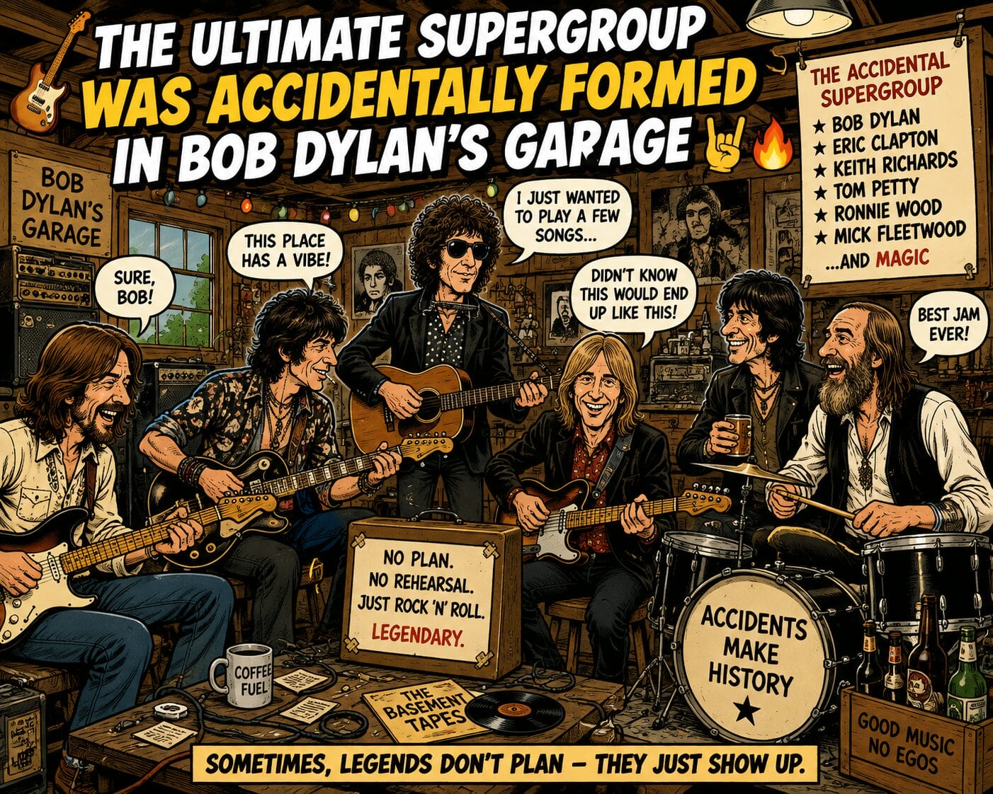 Cartoon of rock legends playing in Bob Dylan's garage, guitars and a drum set around them with festive posters and lights.