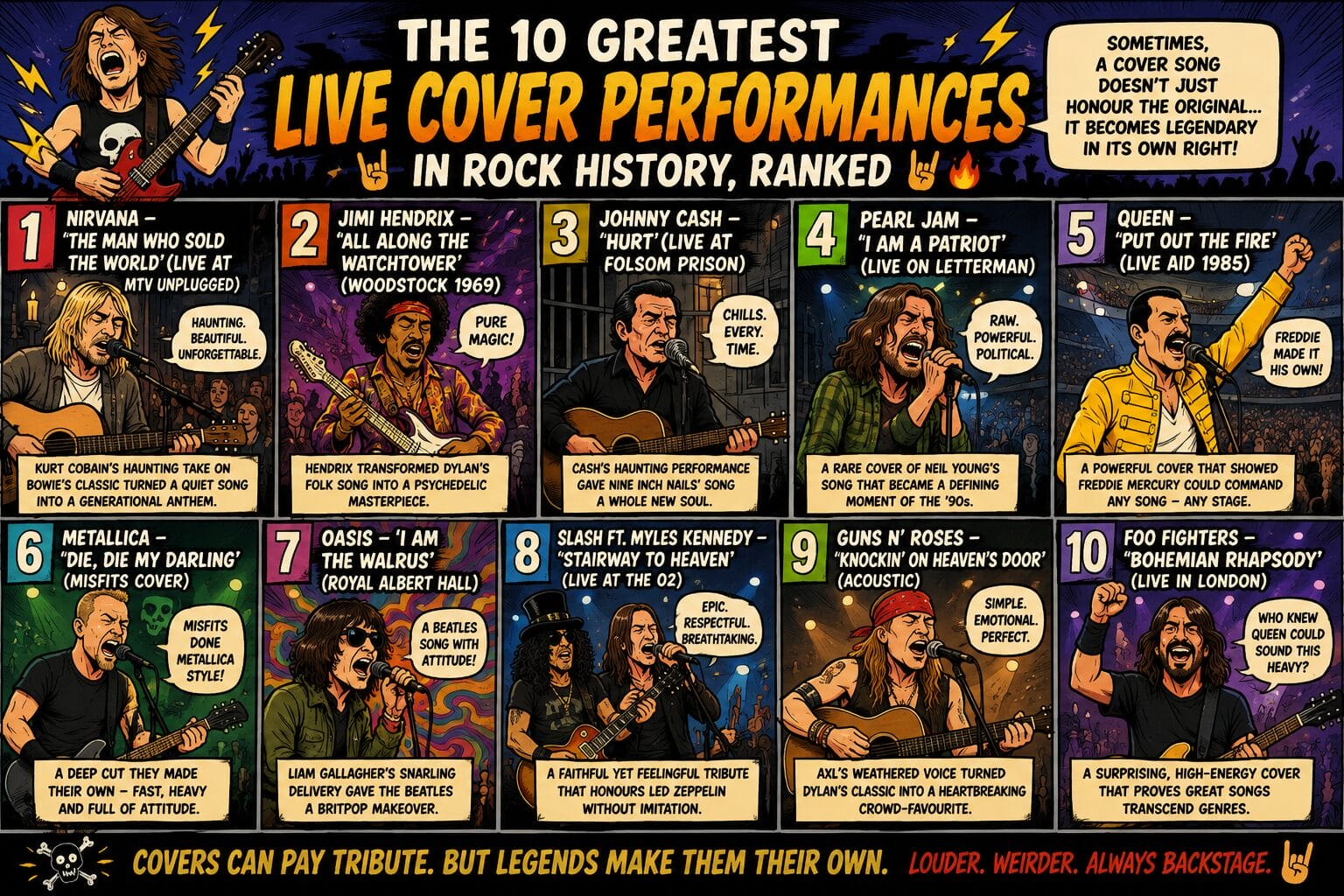 Comic-style infographic listing the 10 greatest live cover performances, with panels for each artist (Nirvana, Hendrix, Cash, Pearl Jam, Queen, Metallica, Oasis, Slash & Myles Kennedy, Guns N' Roses, Foo Fighters) and captions detailing their songs and impact, numbered 1–10 in a rock‑poster layout.