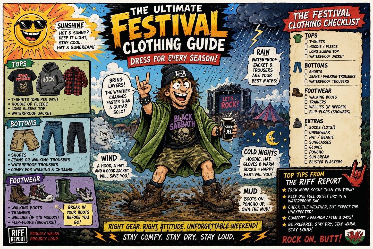Comic-style festival clothing guide with a cheering figure in boots, offering outfits for tops, bottoms, footwear and extras at a rock festival.