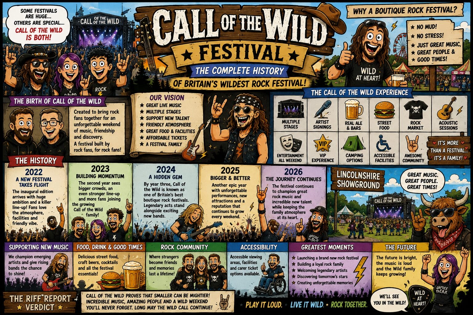 073c89a5-bd63-4544-8d2b-dec74f90ff8b - the Riff Report Blog Colorful festival infographic poster titled 'Call of the Wild Festival' outlining its history, vision, experiences, and future plans.