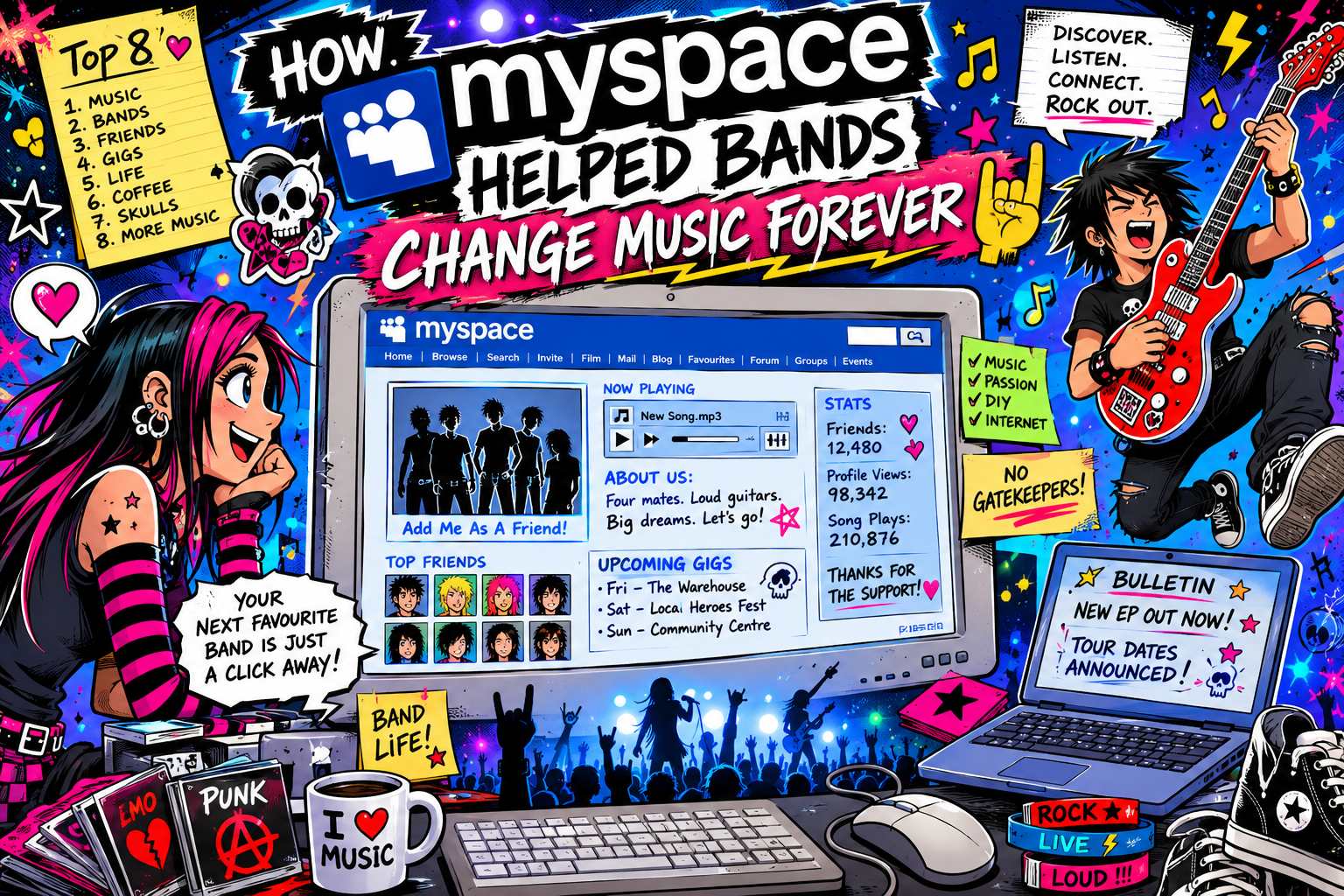 Colorful comic collage promoting MySpace for bands, featuring a guitarist and a girl flanking a laptop showing a MySpace page.