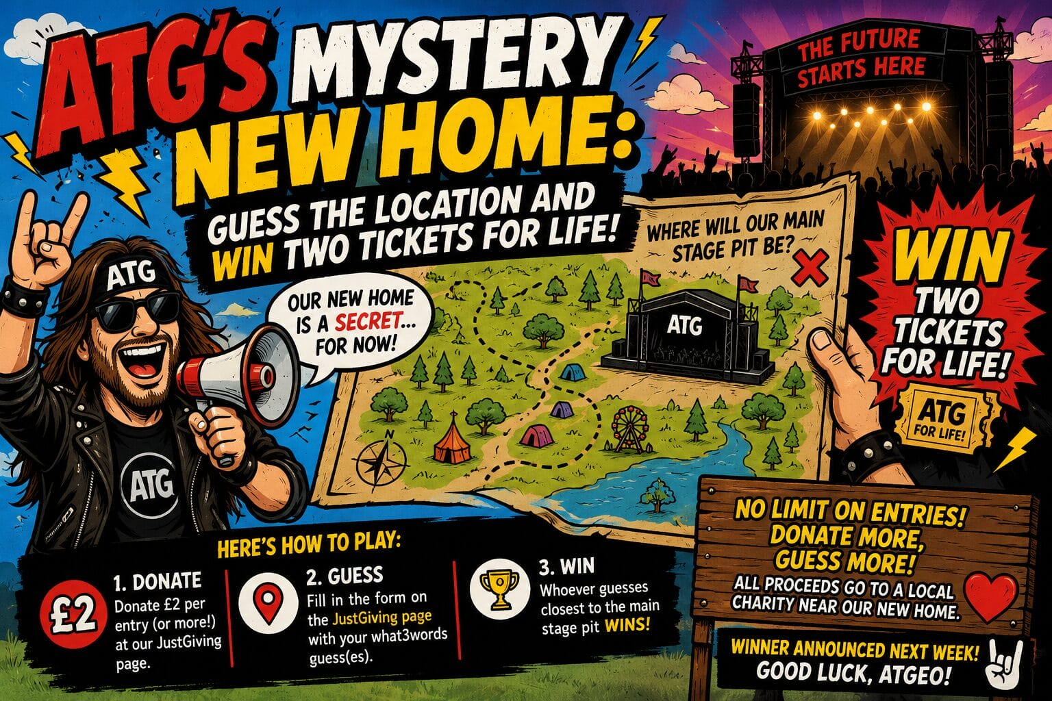 Bright comic-style poster advertising ATG's Mystery New Home contest to win two tickets for life, with a map leading to a festival stage and crowd.