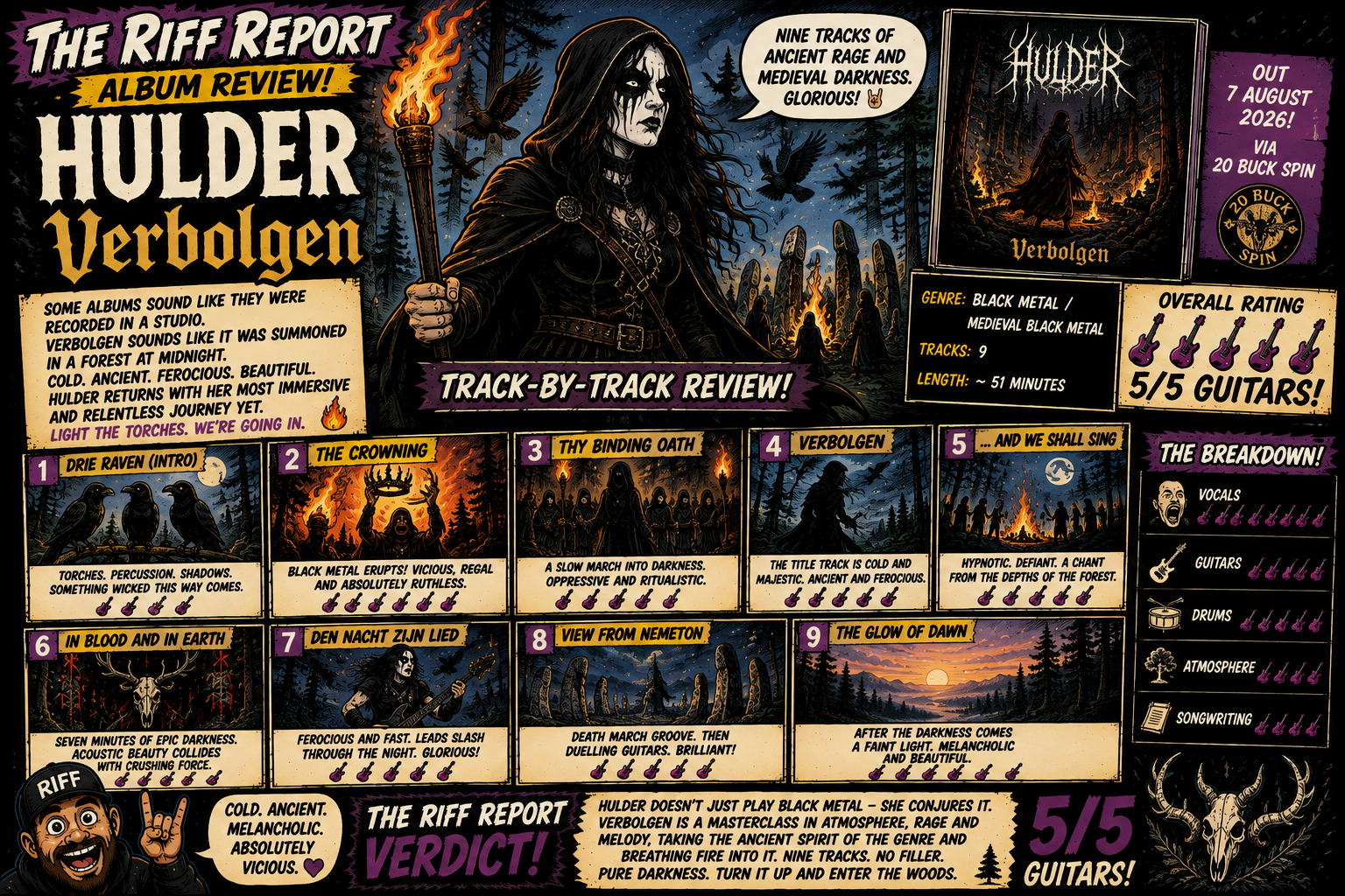 Comic-style album review poster for Hulder Vorbogen: dark hooded figure with a torch in a forest, track-by-track panels 1–9, plus a 5/5 guitars rating.