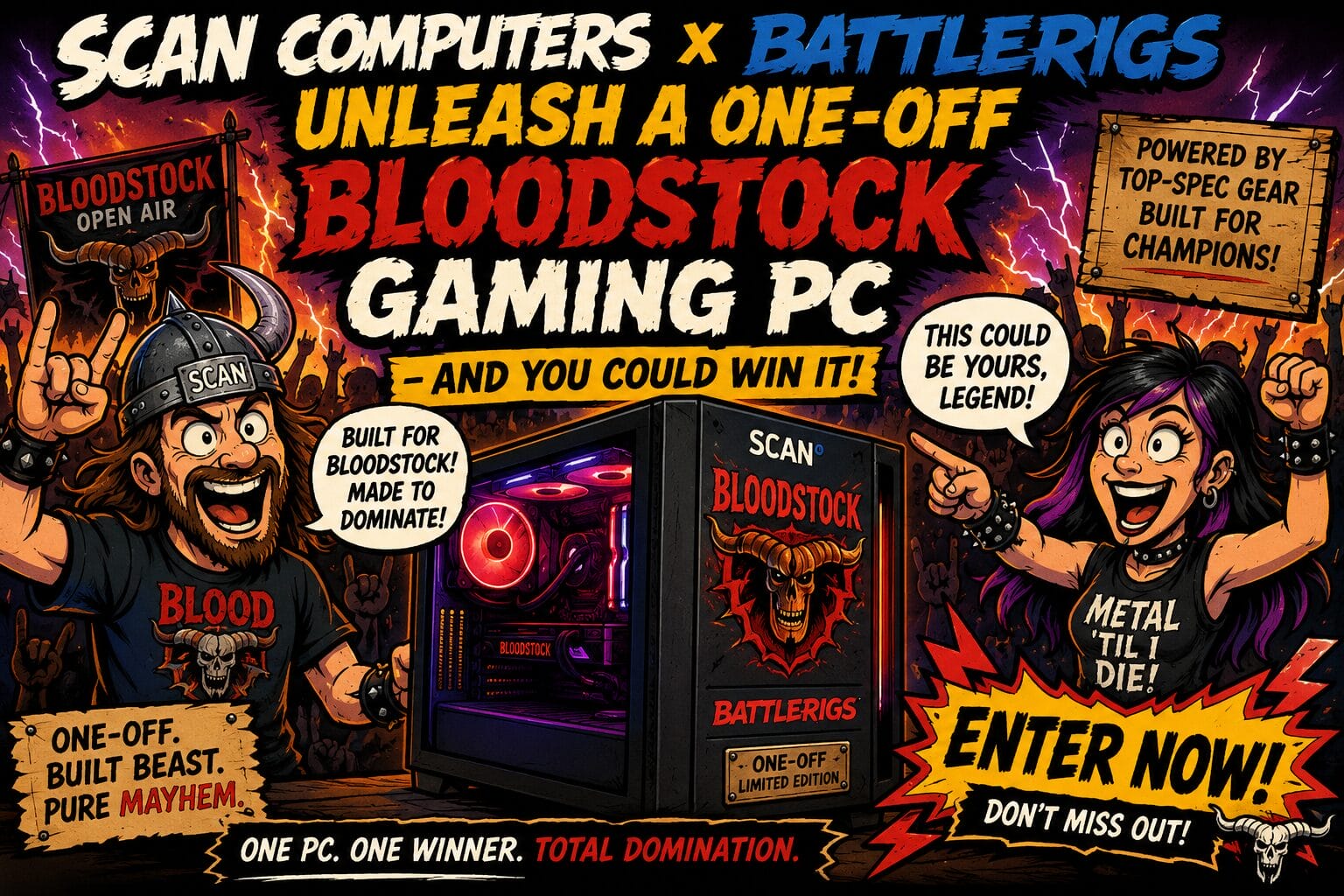 Promotional banner for Bloodstock Gaming PC with cartoon characters on either side of a black PC case, bold red and yellow text, and dramatic comic-book art.