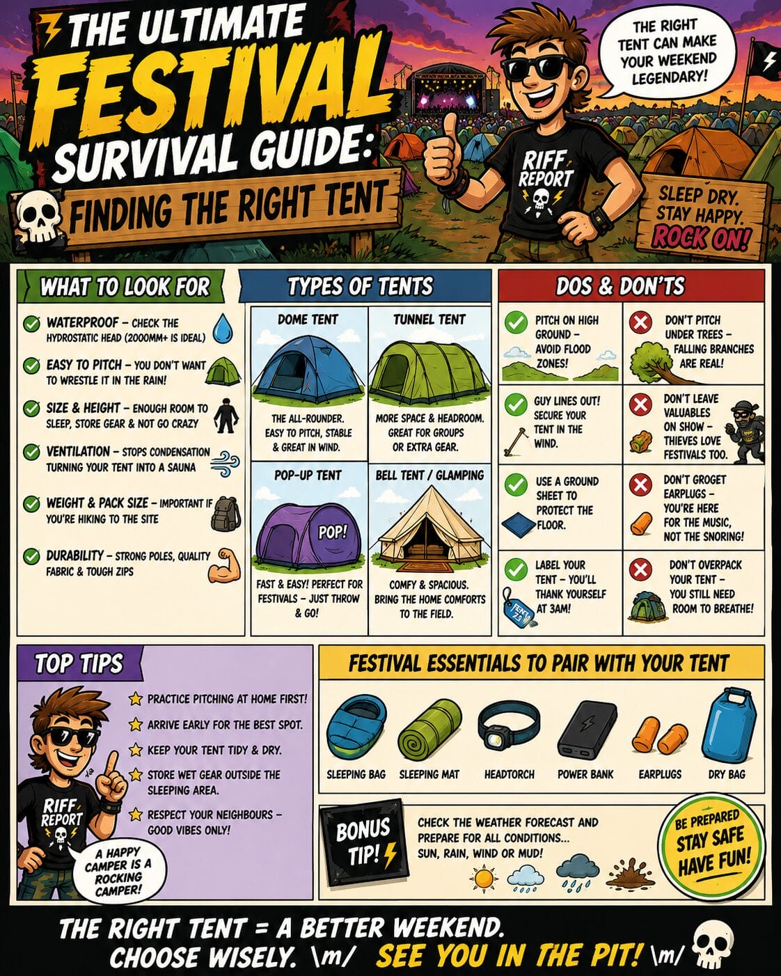 Colorful festival survival infographic showing tents, tips, and a checklist for finding the right tent in a comic-style layout.
